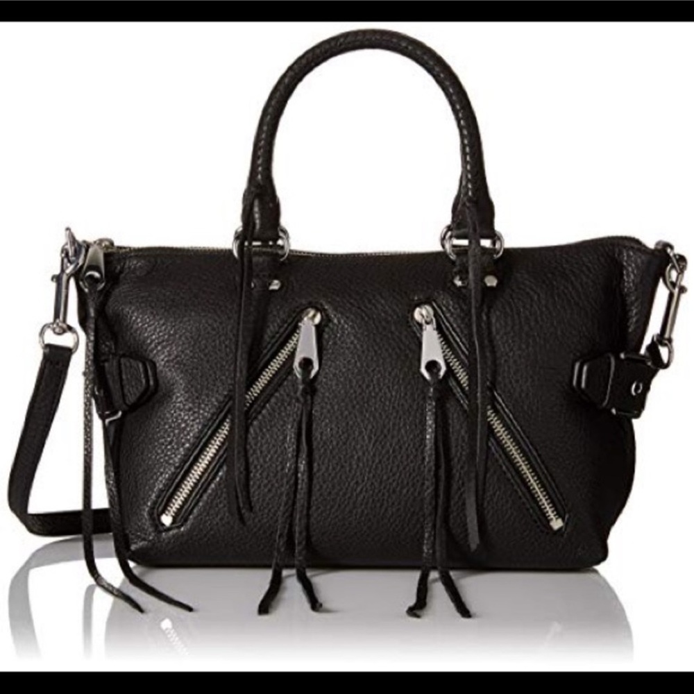 Rebecca Minkoff black pebble leather moto two way satchel tote